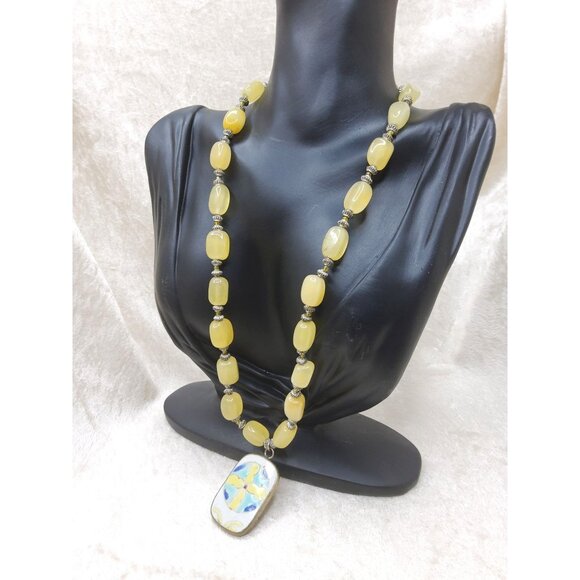 Vintage Natural Yellow Stone Beaded Necklace With Abstract Handcrafted Tile Pend - Picture 4 of 4